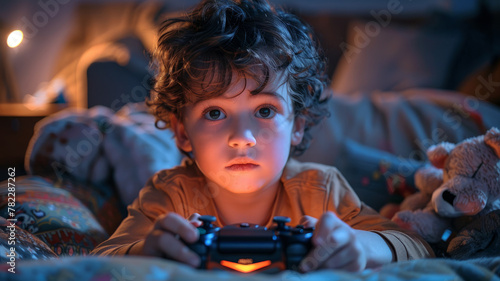 Boy playing video games in bed at night.