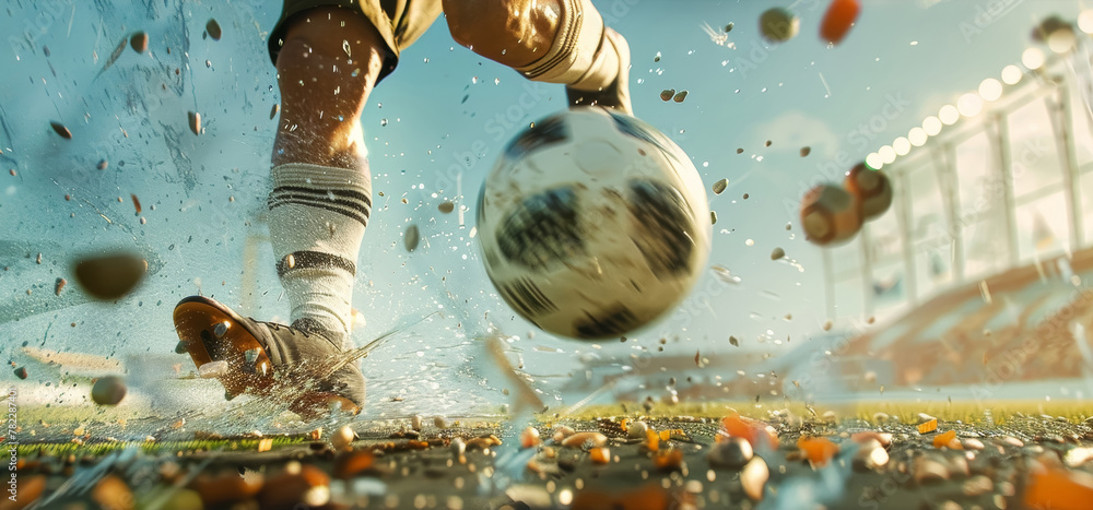 Soccer Ball Splash on Wet Field. Dynamic Ground-level Action Shot Stock ...