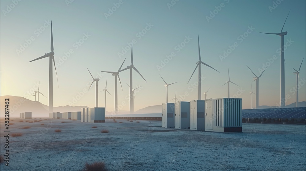 Fototapeta premium Wind turbines at sunset, in the sea, and on the beach, harnessing wind power for electricity generation, amidst a natural and industrial landscape, renewable energy solar wind sustainable technology 