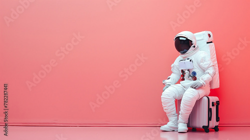 astronaut in spacesuit and with baggage suitcase, space exploration and discovery concept, travel and journeys