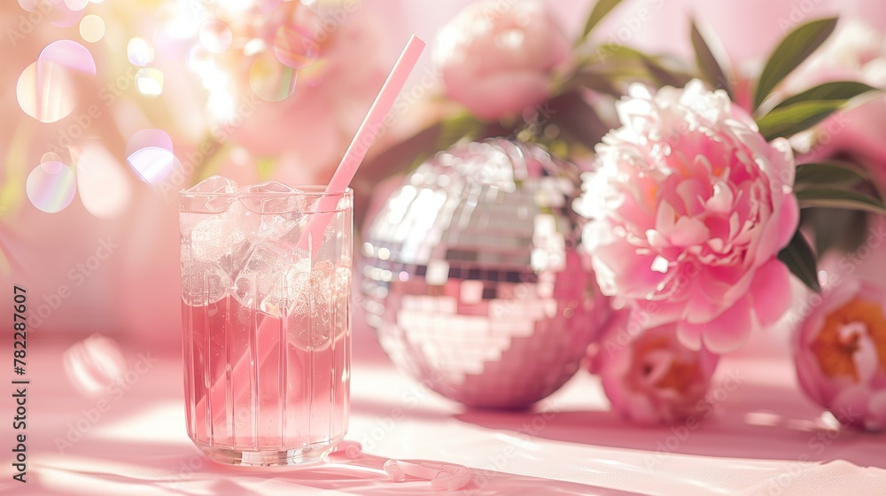 pink non alcoholic cocktail with pink straw disco ball with pink peonies in the background, pink party pink non alcoholic cocktail with pink straw disco ball with pink peonies in the background, pink party