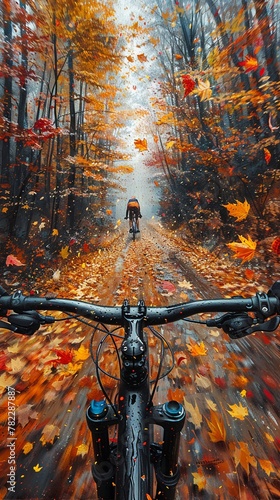 Biking through autumn leaves, a tapestry of color and movement photo