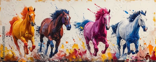 Colorful horses galloping, a splash of paint in motion