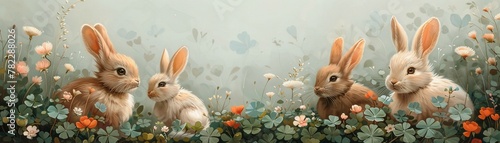 Cute bunnies drawing, fluffy gatherings on a field of clover