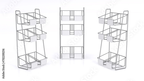 Wire retail display stands with blank shelf talkers or price tags. 3d illustration set on white background