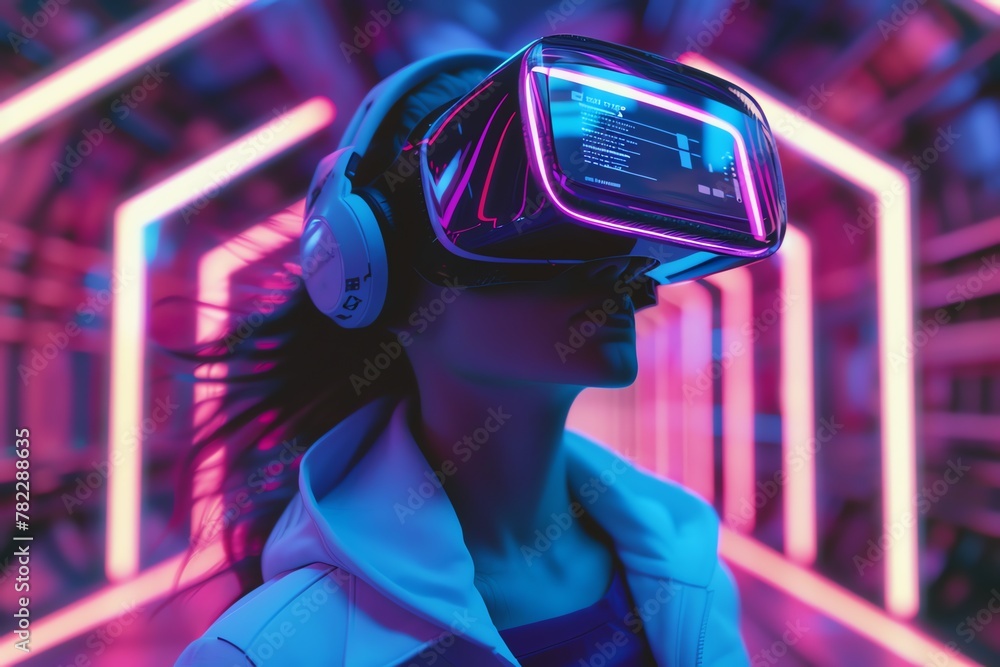 Capture a mesmerizing Virtual Reality Experience in a dynamic and immersive CG 3D rendering Transport viewers into a hyper-realistic digital realm full of neon lights, interactive interfaces, and mind