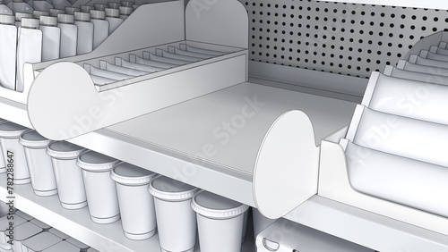 Store shelves mockup close-up with blank products and shelf stoppers. 3d illustration