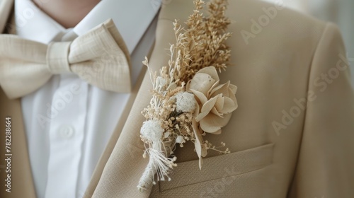 Wedding boho style boutonniere close up, groom in beige suit with bow-tie photo