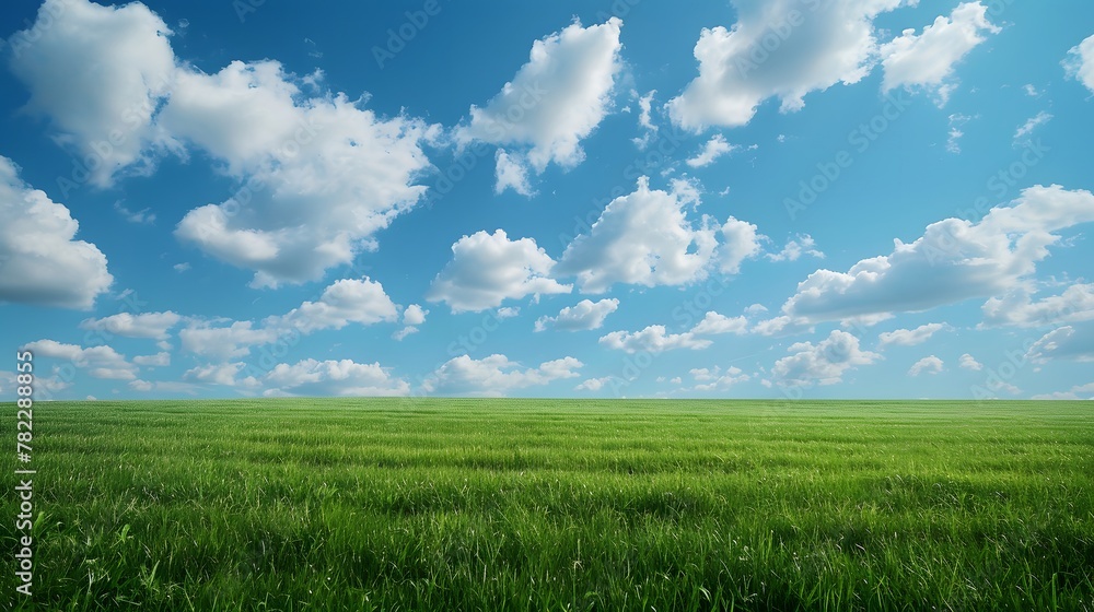 Fototapeta premium Green grass field on small hills and blue sky with clouds. Summer spring landscape background. Generative AI.