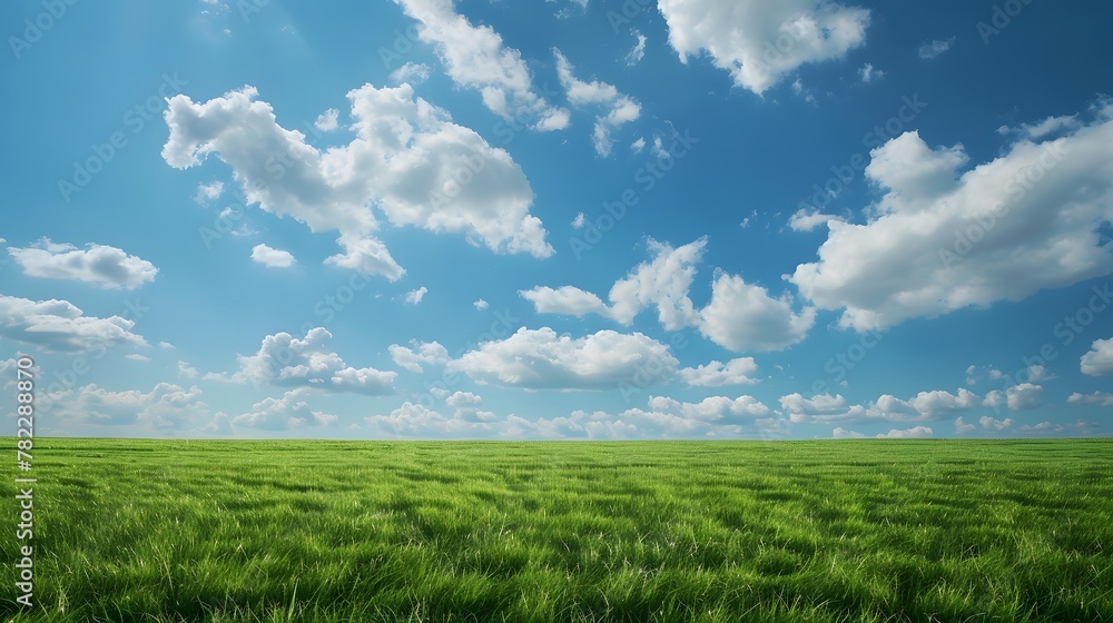 Green grass field on small hills and blue sky with clouds. Summer spring landscape background. Generative AI. Green grass field on small hills and blue sky with clouds. Summer spring landscape background. Generative AI.
