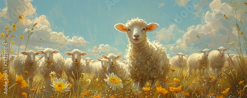 Sheeps drawing, flock in harmony, softness on the meadow