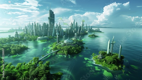 Futuristic eco green city skyline with skyscrapers and gardens, future architecture