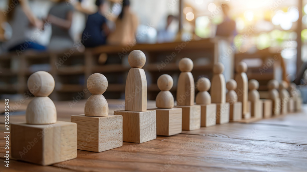 Wooden figures on a table, people in background.