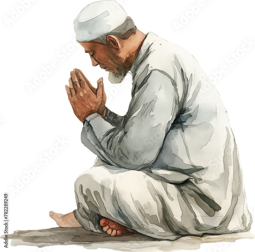A man is praying in a white robe ,transparent background