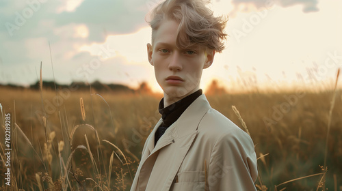 an androgynous model standing in the middle of a field at sunset.