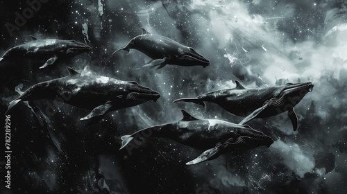 a surreal and majestic scene of whales floating through a starry, nebula-like seascape