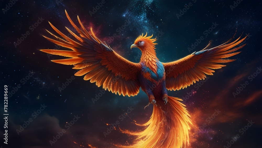 Fototapeta premium The Flight of the Golden Phoenix,, phoenix image, a painting of a golden phoenix