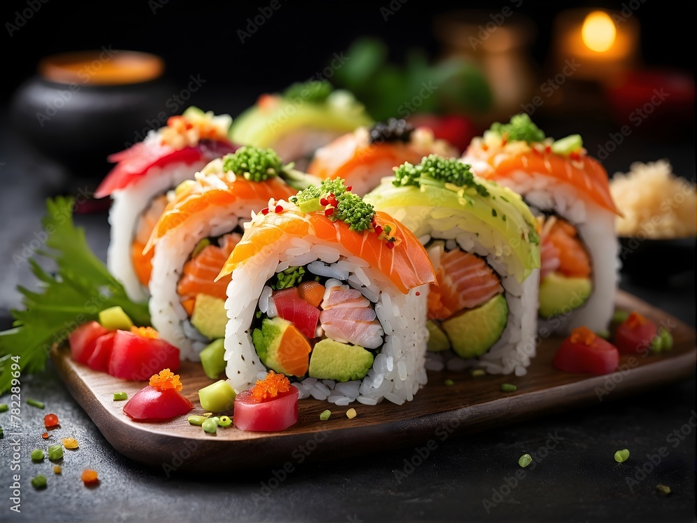 Close up roll sushi with vegetables on white rice plate Close up roll sushi with vegetables on white rice plate