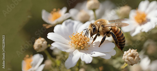 Bee on a white flower, close-up, selective ,generative ai © Bushra