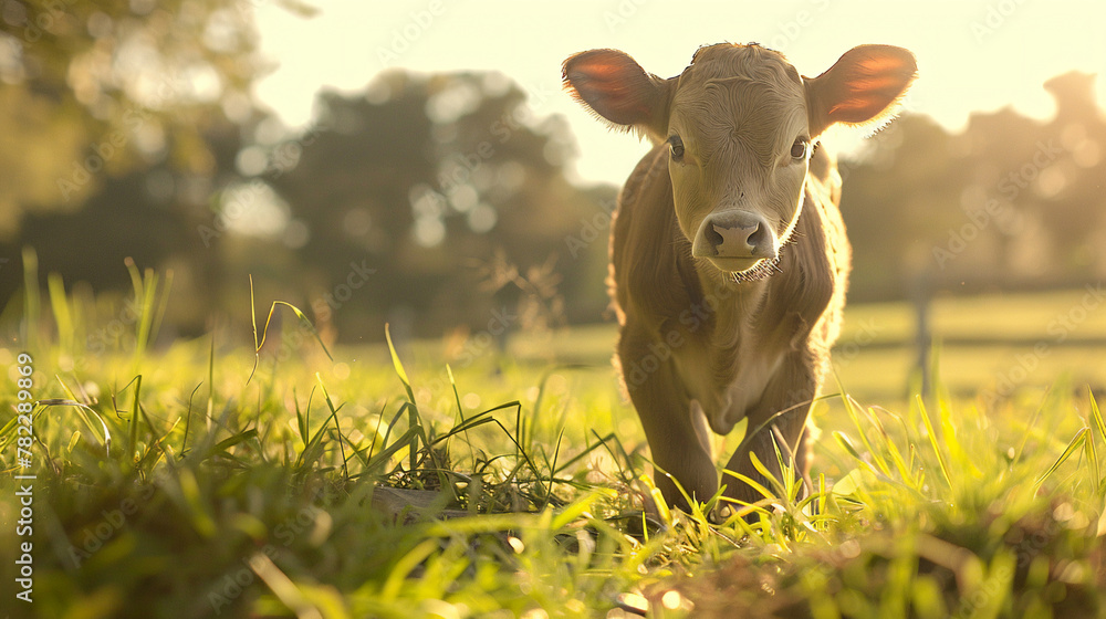 Happy little calf standing on fresh grass in the sunlight, AI Generative.