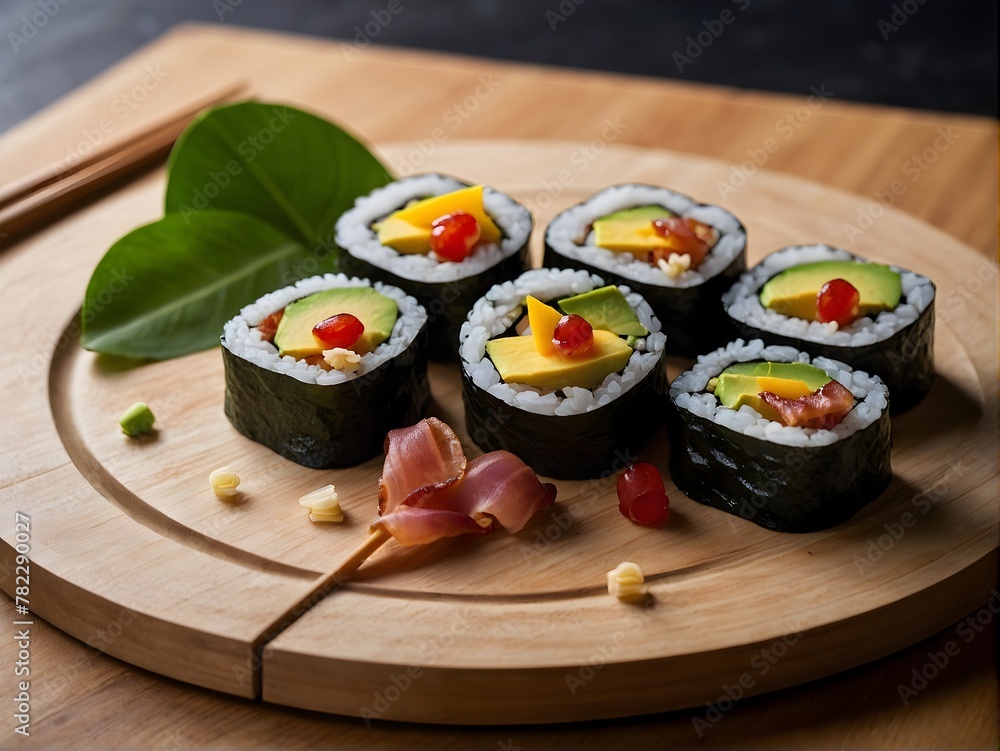 Close up roll sushi with vegetables on white rice plate Close up roll sushi with vegetables on white rice plate