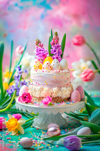 Easter eggs and flowers beautiful background. Selective focus.