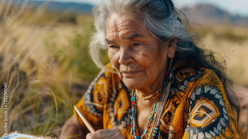 Elderly indigenous woman painting outdoors. photo