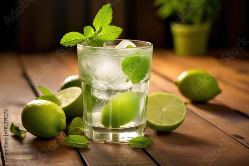 Cold Iced Mojito, Lemon Water Drink, Mint Lemonade, Lemon Cocktail on Wood Rustic Background Closeup