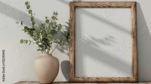 Mockup of an empty poster frame in a white wall living room with a wooden sideboard with small green plants