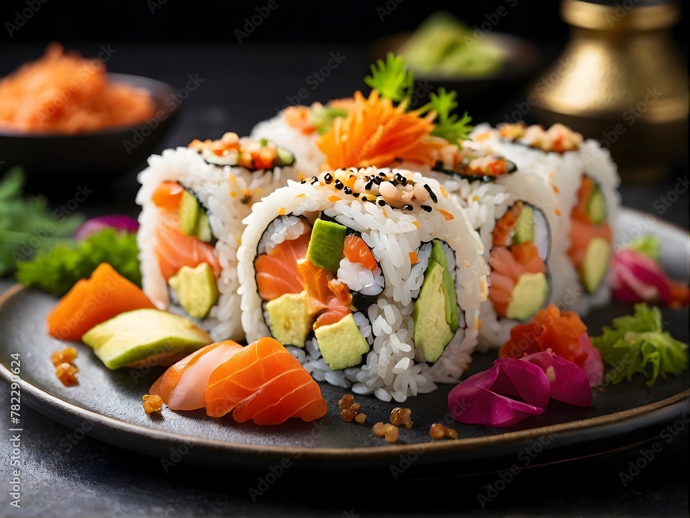 Close up roll sushi with vegetables on white rice plate Close up roll sushi with vegetables on white rice plate