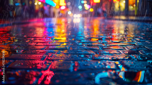 Wet city street with colorful reflections