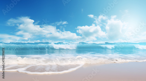 Calm summer empty beach With bright blue water sunny clear background