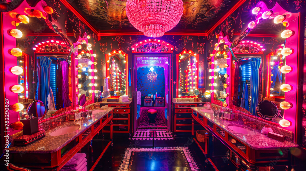 Opulent Retro Dressing Room with Vibrant Neon Lights and Vintage Decor