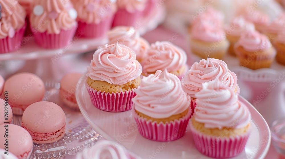 candy bar at a kids party with pink cupcakes and magenta pink macaroons, pink birthday theme candy bar at a kids party with pink cupcakes and magenta pink macaroons, pink birthday theme