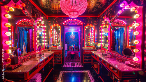 Opulent Retro Dressing Room with Vibrant Neon Lights and Vintage Decor