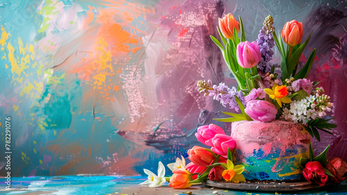 Easter eggs and flowers beautiful background. Selective focus.