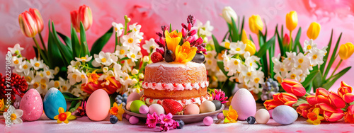 Easter eggs and flowers beautiful background. Selective focus.