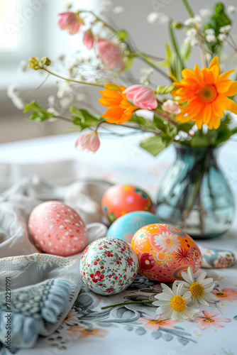 Easter eggs and flowers beautiful background. Selective focus.