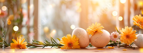 Easter eggs and flowers beautiful background. Selective focus.