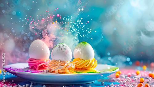 Beautiful Easter dessert and colorful eggs splash. Selective focus.