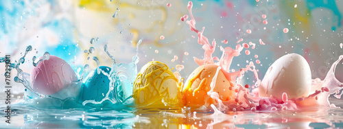 Beautiful Easter dessert and colorful eggs splash. Selective focus.