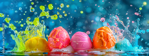 Beautiful Easter dessert and colorful eggs splash. Selective focus.