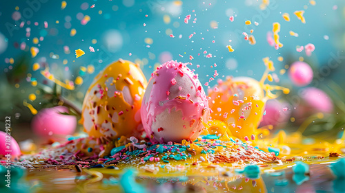 Beautiful Easter dessert and colorful eggs splash. Selective focus.