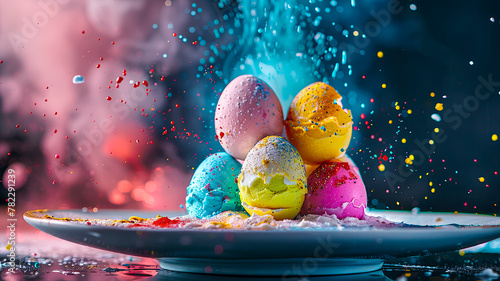 Beautiful Easter dessert and colorful eggs splash. Selective focus.