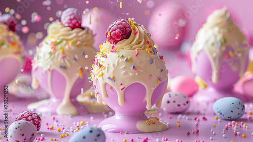 Beautiful Easter dessert and colorful eggs splash. Selective focus.