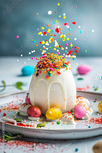 Beautiful Easter dessert and colorful eggs splash. Selective focus.