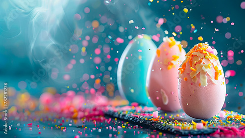 Beautiful Easter dessert and colorful eggs splash. Selective focus.