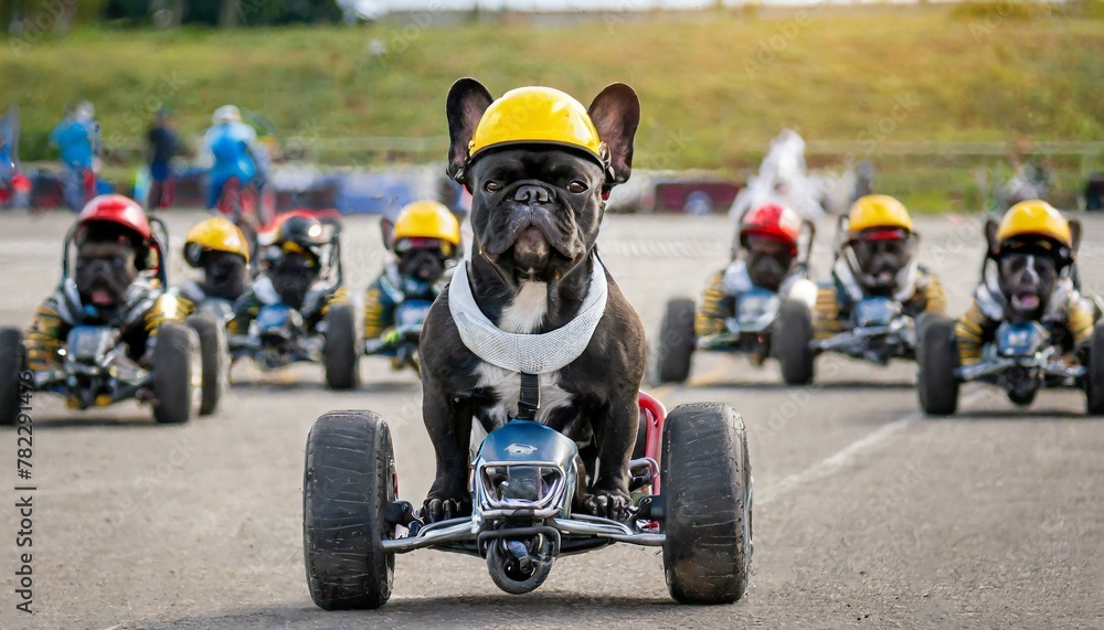 A French bulldog is riding a small racing car and competing.