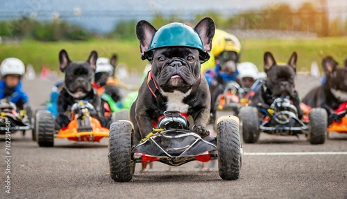 A French bulldog is riding a small racing car and competing.