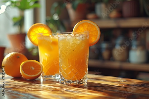 Two glasses of Valencia orange juice on a wooden table